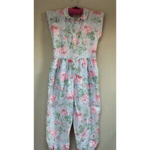 Vintage Wee Clancy Girls Size 14 Button Front Gray Pink Floral Jumpsuit Cotton